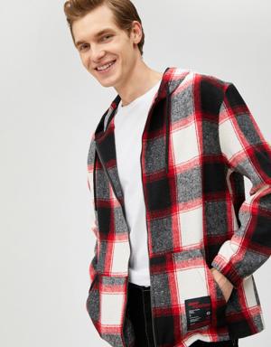 Kareli Kapşonlu Sweatshirt Etiket Baskılı Cepli
