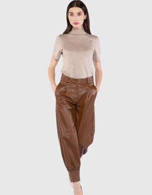 Stitch Detailed Leg Twisted Leather Glazed Trousers
