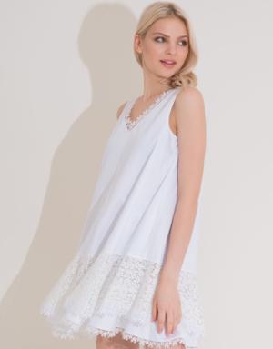 V-Neck White Short Dress With Lace Garni