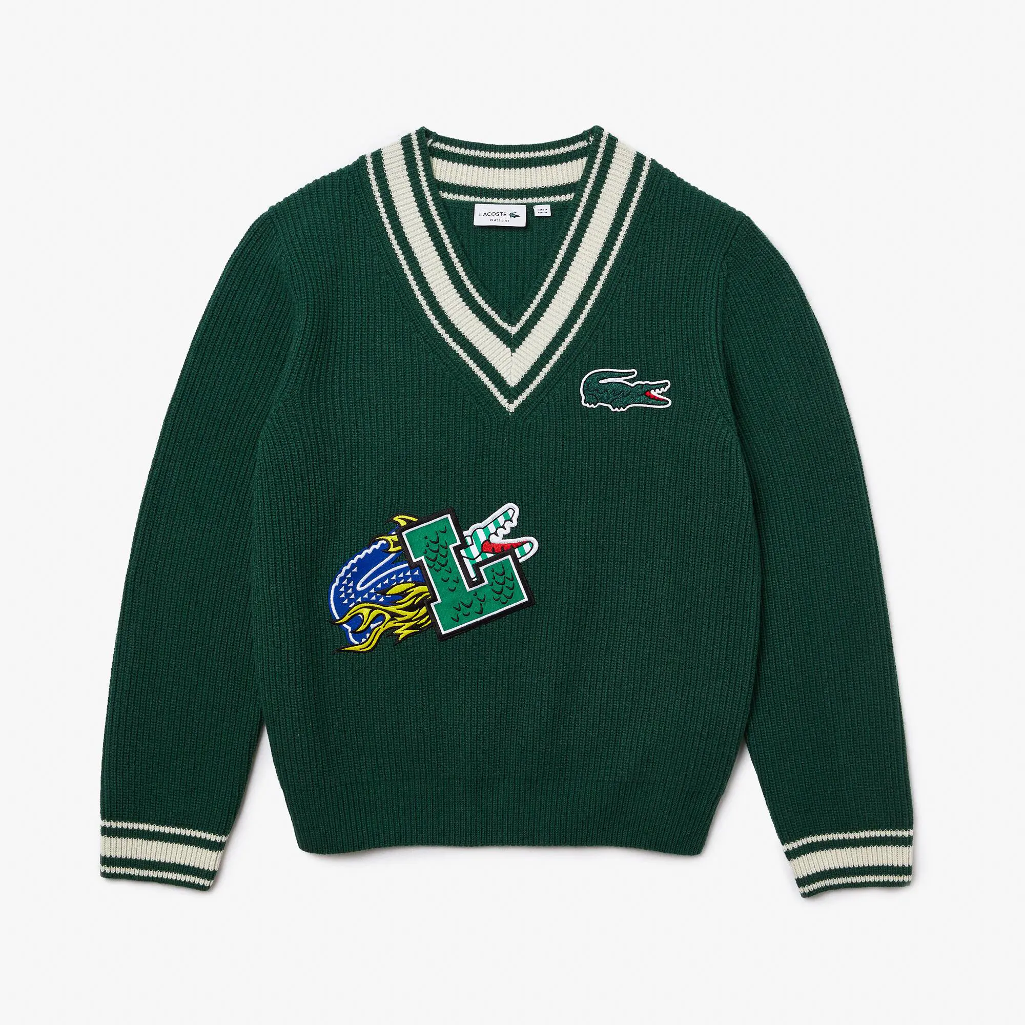 Lacoste Men's Lacoste Holiday Comic Badge Striped V-Neck Sweater. 2