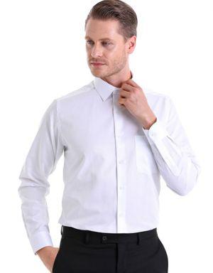 Beyaz Klasik Fit Uzun Kollu Pamuklu Desenli Klasik Gömlek
