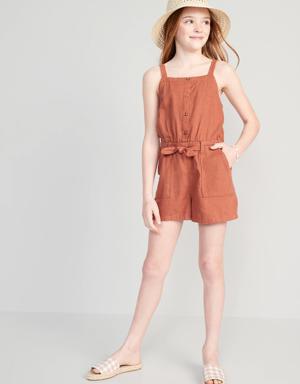 Sleeveless Tie-Front Linen-Blend Utility Romper for Girls brown