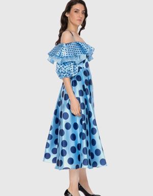 Polka Dot Patterned Off Shoulder Balloon Sleeve Midi Dress