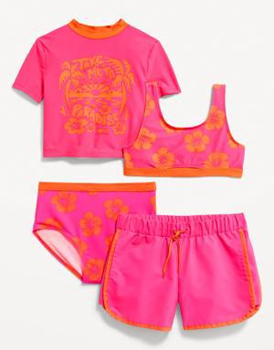 4-Piece Short-Sleeve Rashgaurd and Bikini Swim Set for Girls pink