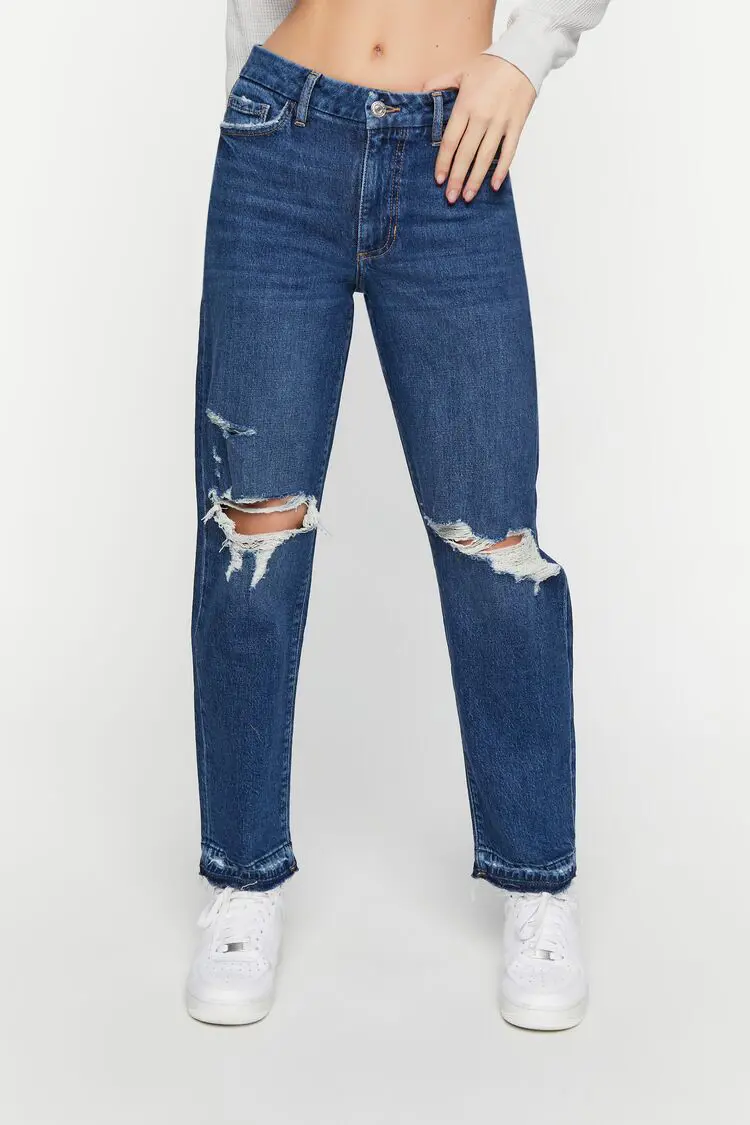 Forever 21 Forever 21 Recycled Cotton Distressed Straight Leg Jeans Dark Denim. 1
