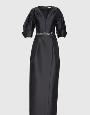 Stone Accessory Detailed V-Neck Long Black Evening Dress