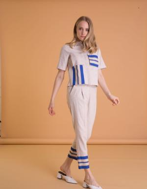 Stripe Detailed Ankle Length Beige Fabric Trousers