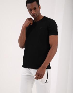 Siyah Petek Dokulu Çift Ok Logolu Standart Kalıp O Yaka Erkek T-Shirt - 87921
