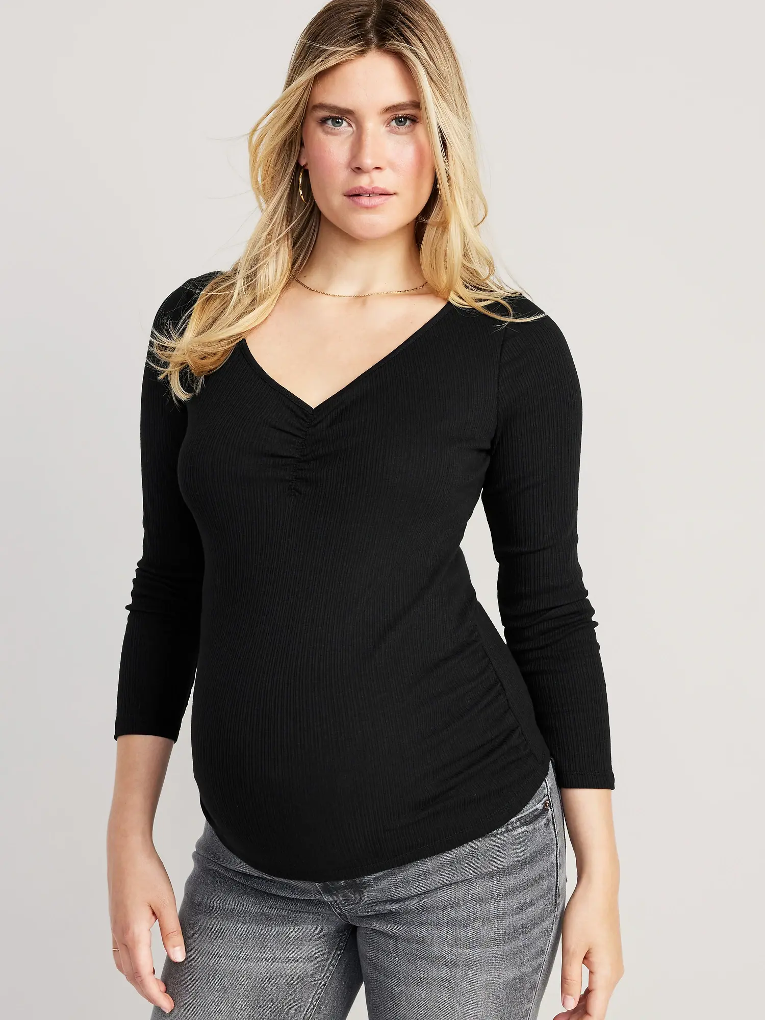 Old Navy Maternity Fitted Cinched-Front Rib-Knit T-Shirt black. 1