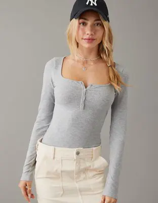 American Eagle Long-Sleeve Scoop Henley Bodysuit. 1