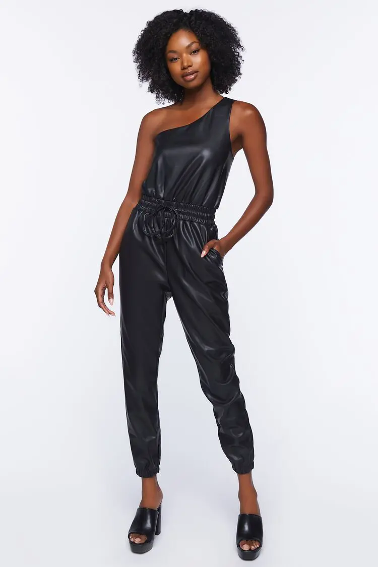 Forever 21 Forever 21 Faux Leather One Shoulder Jumpsuit Black. 1