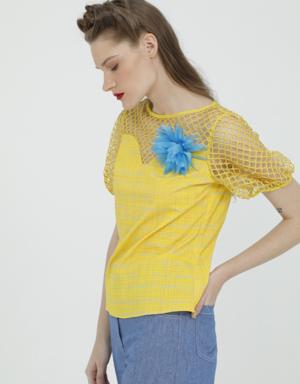 Yellow Blouse with Balloon Sleeves and Flower Brooch