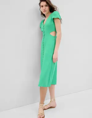 Linen-Blend Cutout Midi Dress green