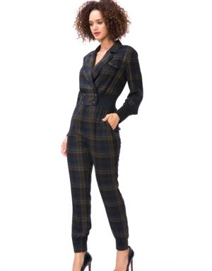 Plaid Double Breasted Jacket Collar Green Jumpsuit