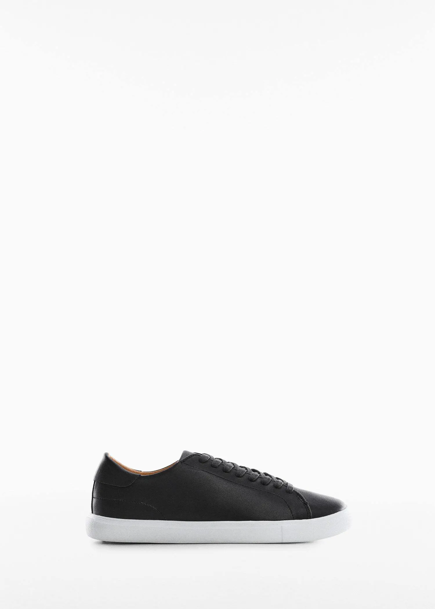 Mango Monocoloured leather sneakers. a pair of black shoes on a white background. 
