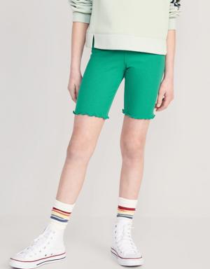 Rib-Knit Lettuce-Edged Long Biker Shorts for Girls green