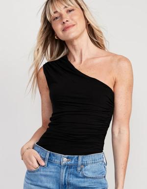 Cropped Draped One-Shoulder Ruched Top for Women black