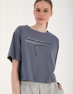 Petrol Yazı Baskılı Kısa O Yaka Kadın Oversize T-Shirt - 97135