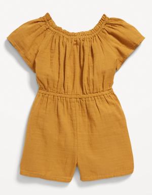 Double-Weave Short-Sleeve Open-Back Romper for Toddler Girls yellow