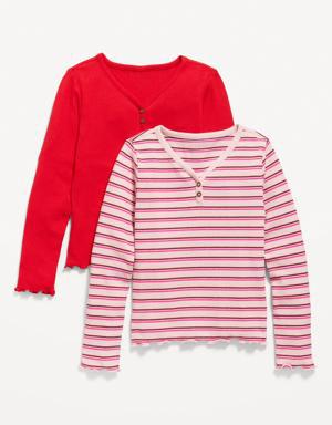 Textured-Knit Long-Sleeve Lettuce-Edge T-Shirt 2-Pack for Girls red