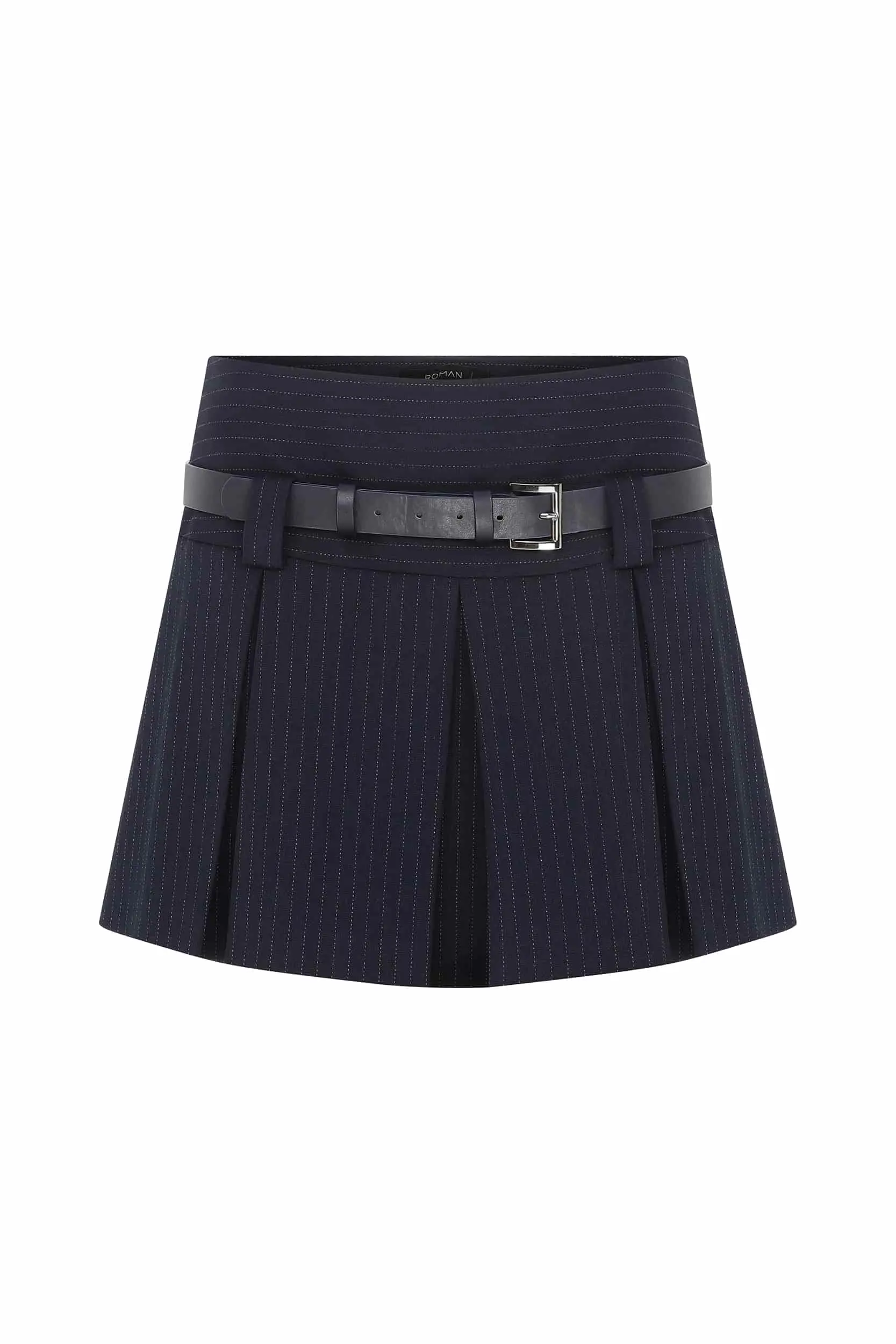 Roman Striped Navy Blue Pleated Mini Skirt - 2 / Navy. 1