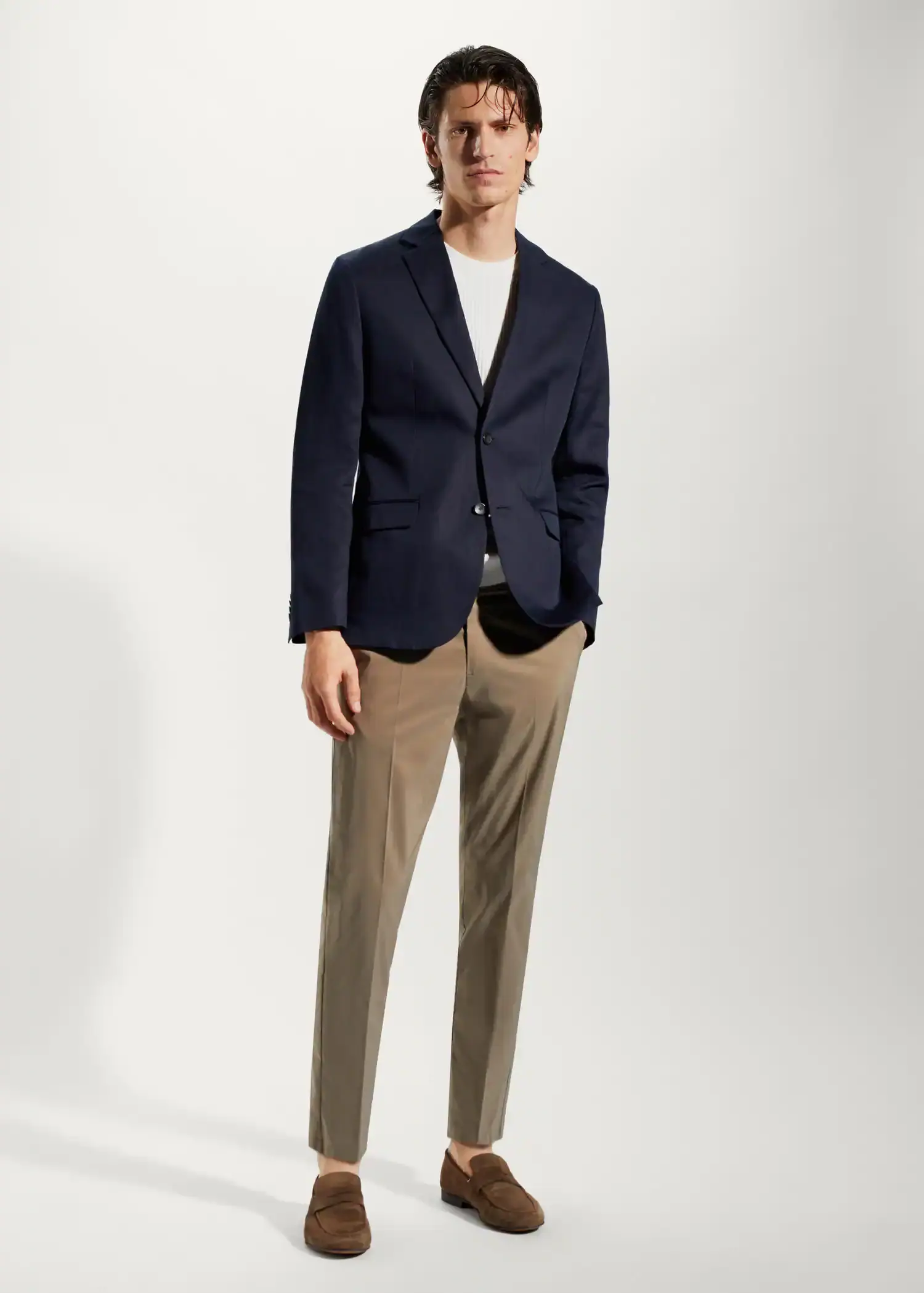 Mango Slim fit linen suit blazer. a man wearing a suit and a white t shirt. 