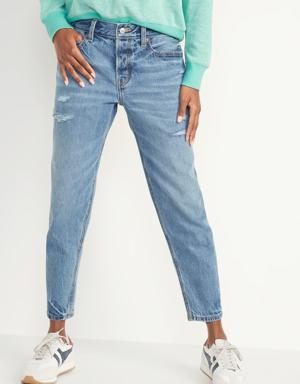 Mid-Rise Button-Fly Slouchy Taper Ripped Non-Stretch Ankle Jeans for Women blue