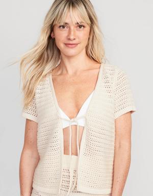 Cropped Crochet V-Neck Tie-Front Cover-Up Sweater for Women white