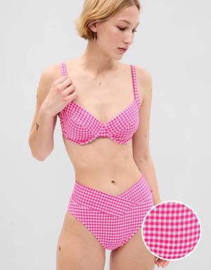 Textured Gingham Crossover Bikini Bottom pink