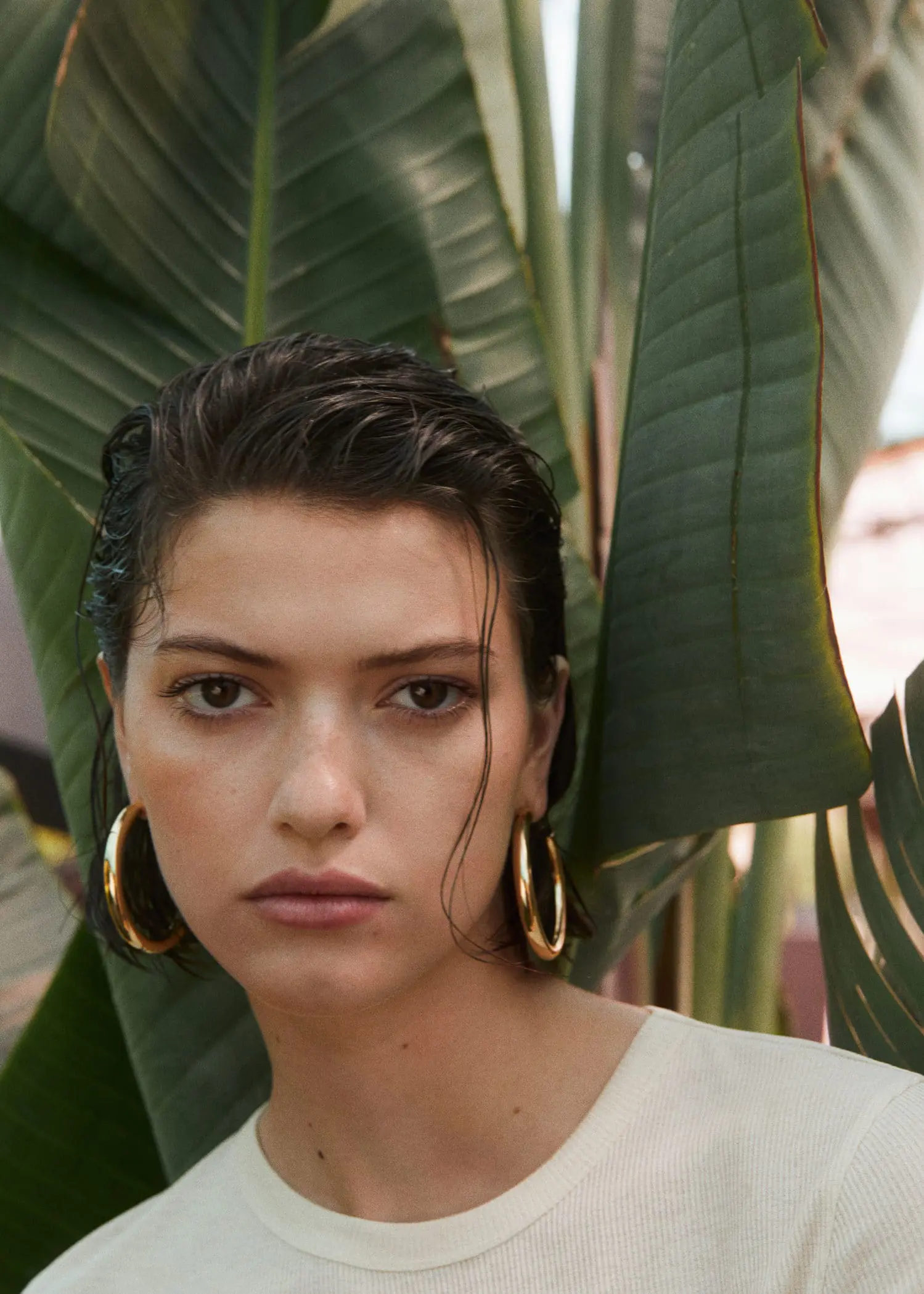 Mango Hoop earrings. a close up of a person with a plant in the background 