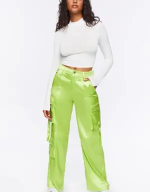 Forever 21 Satin Cargo Mid Rise Pants Lime