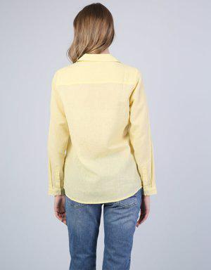 Basic Cepli Regular Fit Sarı Kadın Uzun Kol Gömlek