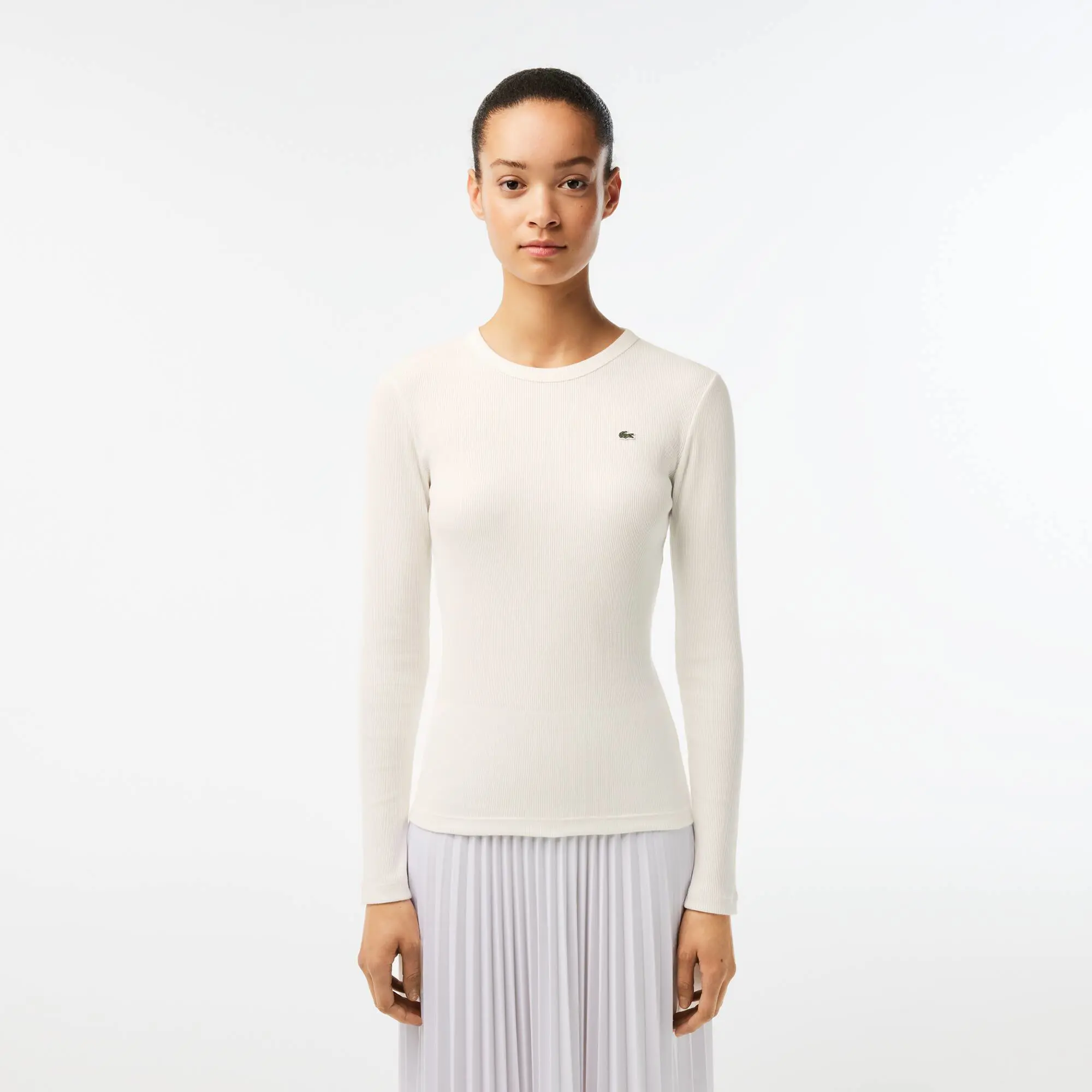 Lacoste Women's Long Sleeve Ribbed Cotton T-Shirt. 1