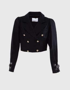 Buttoned And Leather Buckle Detailed Crop Blazer Black Jacket