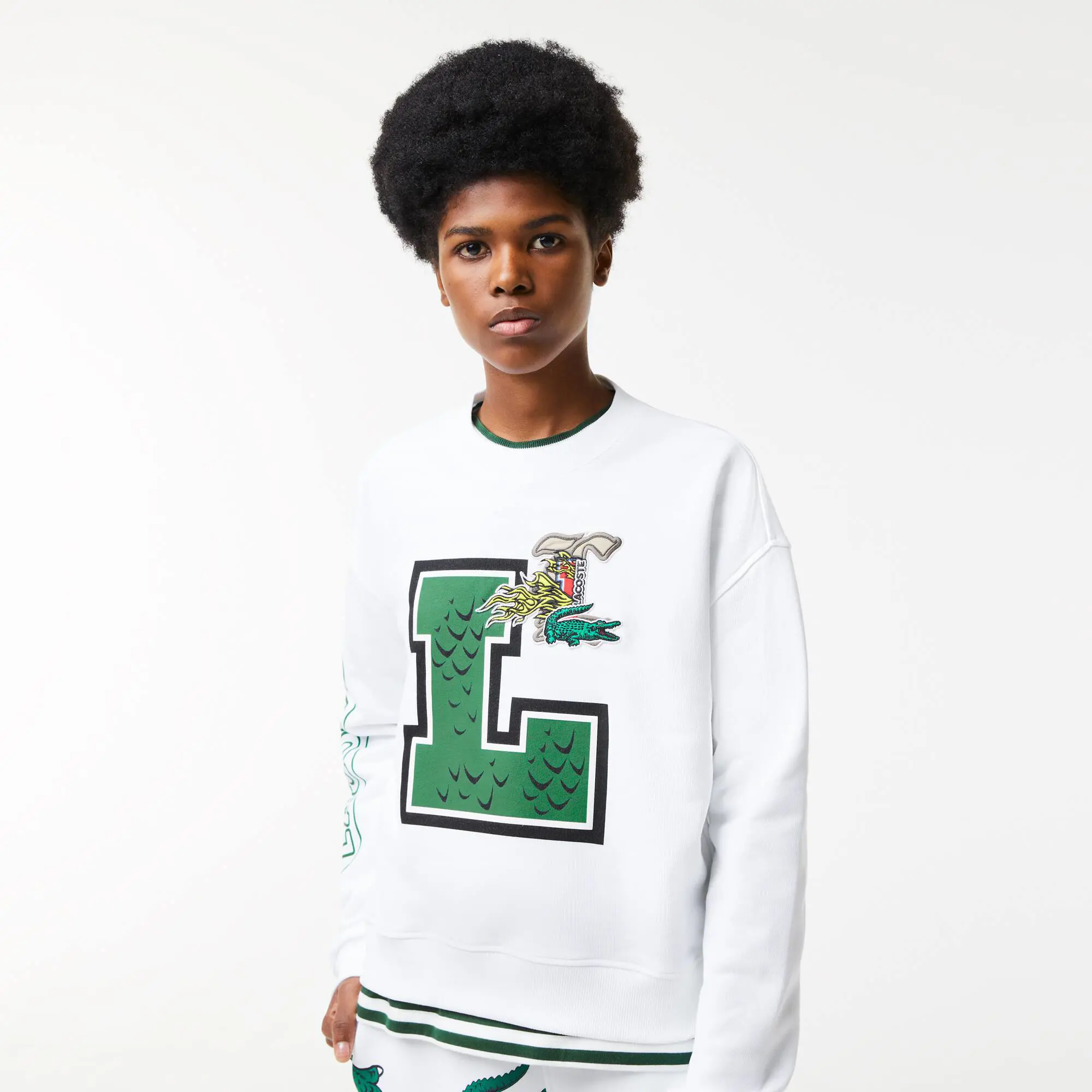 Lacoste Women's Holiday Loose Fit Oversized Print And Branded Sweatshirt. 1