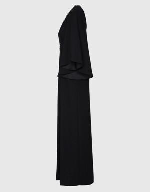 Slit Cape Sleeves Embroidered Detailed Long Black Dress