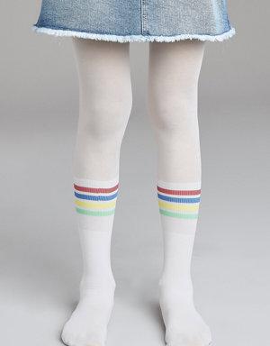 Beyaz Kız Çocuk Renkli Şeritli Külotlu Çorap