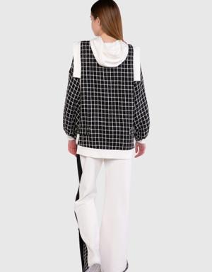 Checkered Tweed Fabric Detailed Ecru Sweatshirt