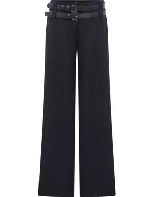 Double Belt Striped Navy Blue Formal Pants - 2 / Navy