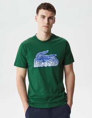 Erkek Regular Fit Bisiklet Yaka Baskılı Yeşil T-Shirt