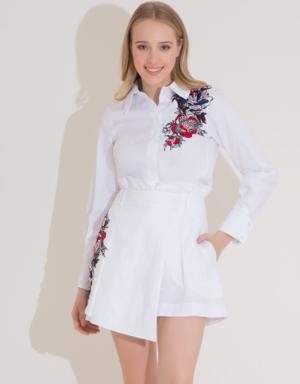 Embroidery Detailed Ecru Color Linen Short Skirt