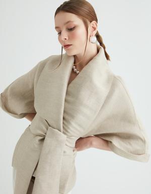Bound Detailed Wide Sleeve Kimono Style Beige Jacket