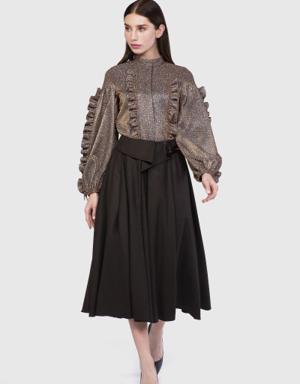 Leather Buckle Detailed Ruffle Brown Skirt