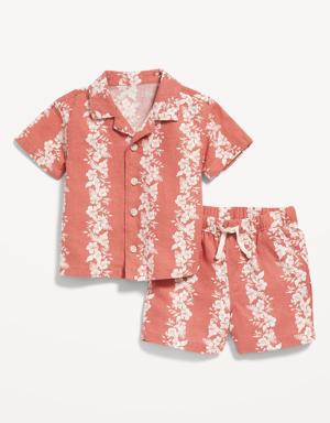 Short-Sleeve Printed Linen-Blend Shirt & Shorts Set for Baby red