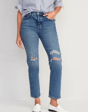 Extra High-Waisted Button-Fly Sky-Hi Straight Ripped Jeans for Women blue