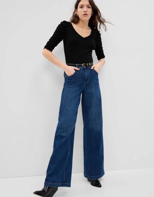 Gap Featherweight Ruched Sleeve Rib Top black