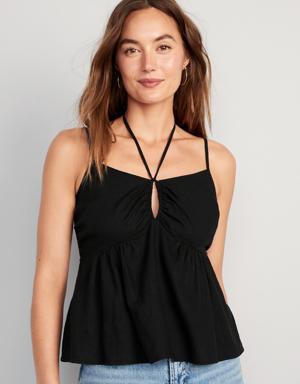 Linen-Blend Strappy Keyhole-Front Smocked Babydoll Cami Top for Women black