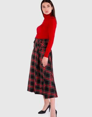 High Waist Corsage Midi Length Plaid Red Skirt