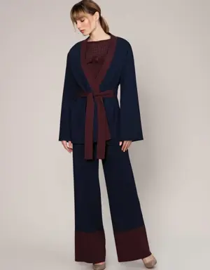 Belted Navy Knit Cardi - 1 / NAVY BLUE-BURGUNDY