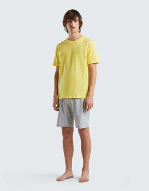 Erkek Sarı Basic Pamuklu Şort Pijama Takımı